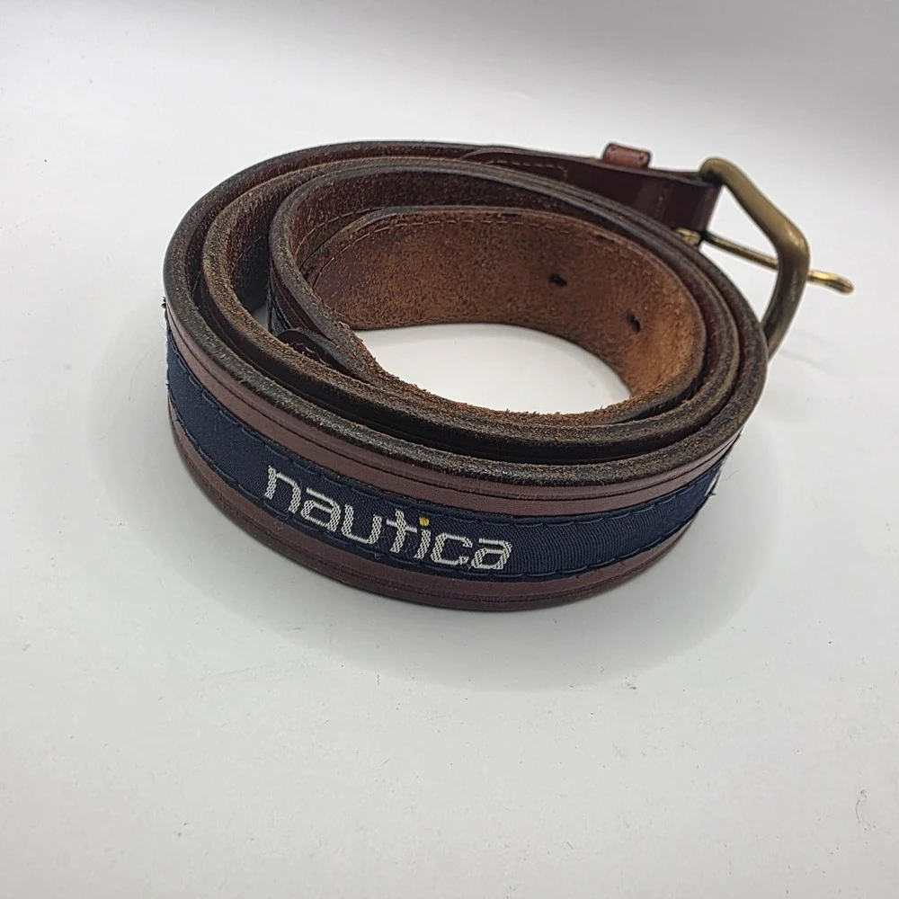 Nautica Mens Brown Leather Nautical Signal Flag Belt Brass Buckle 38 93802T
